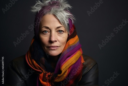 Portrait of a senior woman wearing a scarf over dark background.
