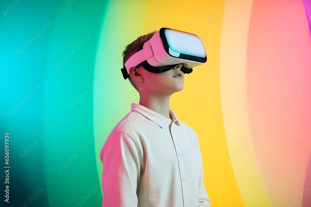 A boy wearing virtual reality headset on bright pastel background, VR, future, gadgets, technology, education online, studying, video game concept A boy wearing virtual reality headset on bright pastel background, VR, future, gadgets, technology, education online, studying, video game concept