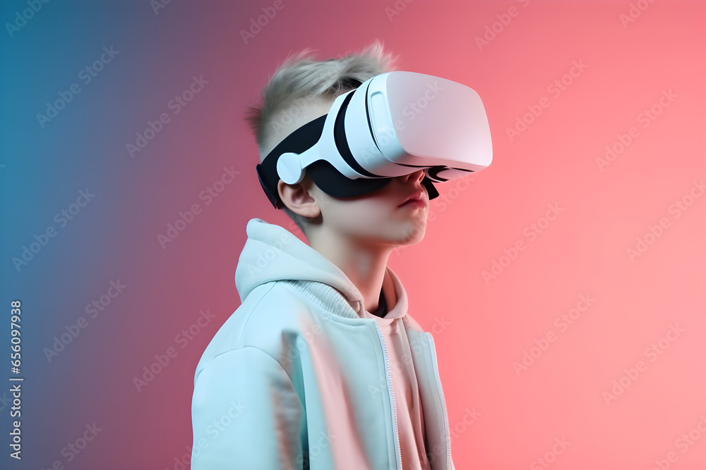 A boy wearing virtual reality headset on bright pastel background, VR, future, gadgets, technology, education online, studying, video game concept A boy wearing virtual reality headset on bright pastel background, VR, future, gadgets, technology, education online, studying, video game concept