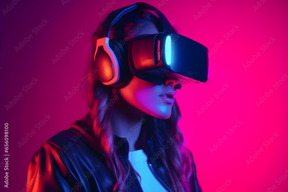 A girl in virtual reality headset on purple background with neon lights, Synthwave, VR, future, gadgets, technology, education online, studying, video game concept