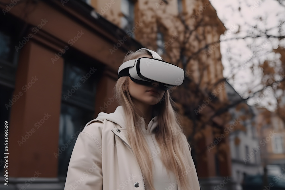 A girl wearing virtual reality headset in the city, exploring the city, urban, VR, future, gadgets, technology, education online, studying, video game concept