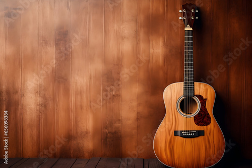 Acoustic guitar on wooden background, A classic acoustic fictional guitar elegantly placed, musical inspiration