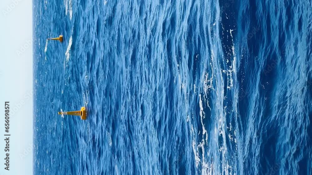 Vertical footage of yellow marks on the sea surface on a clear sunny