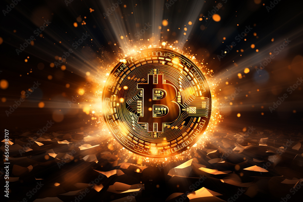goldene Bitcoin BTC Symbol Münze mit Licht Effekt auf dunklem Hintergrund. Querformat. Generative Ai. - obrazy, fototapety, plakaty 