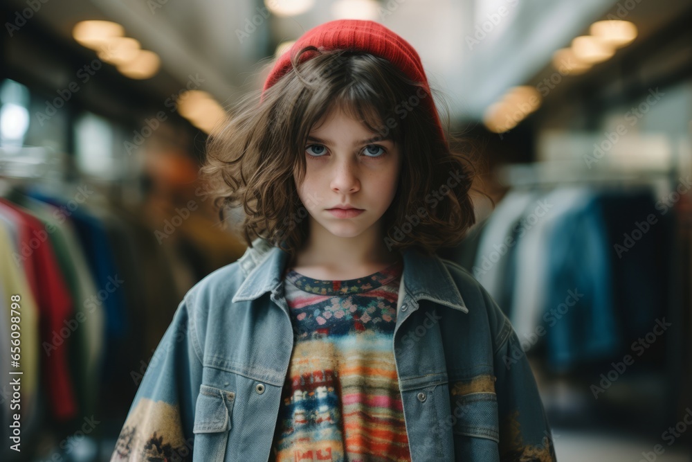 Portrait of a beautiful little girl with long curly hair in a hat in a clothing store