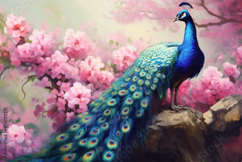 Scenic image of a colorful peacock with cherry blossoms in the background Generative Ai