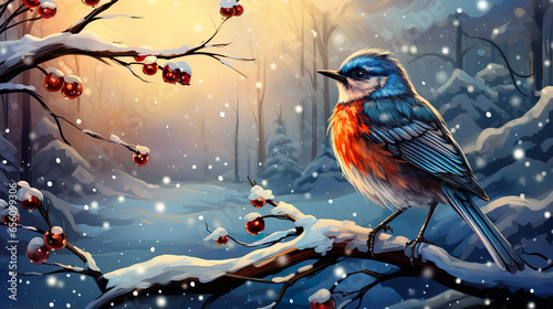Bird sitting on tree branch. Card illustration © liliya