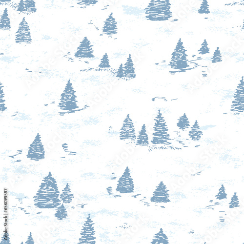 Winter forest seamless pattern. Hand drawn Doodle Trees, Christmas Tree, Snow. Woodland grunge background. Holiday Xmas wallpaper. Vector Background for Winter Holidays, Christmas and New Year
