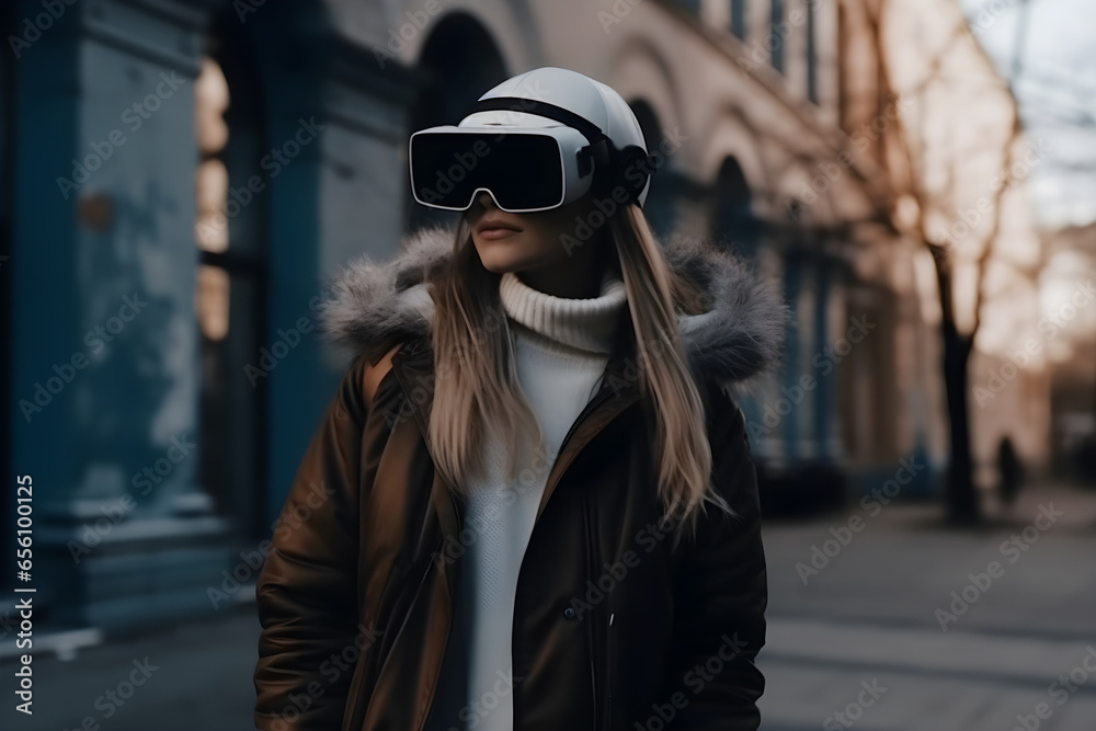 A Young woman wearing virtual reality headset in the city, exploring the city, urban, VR, future, gadgets, technology, education online, studying, video game concept