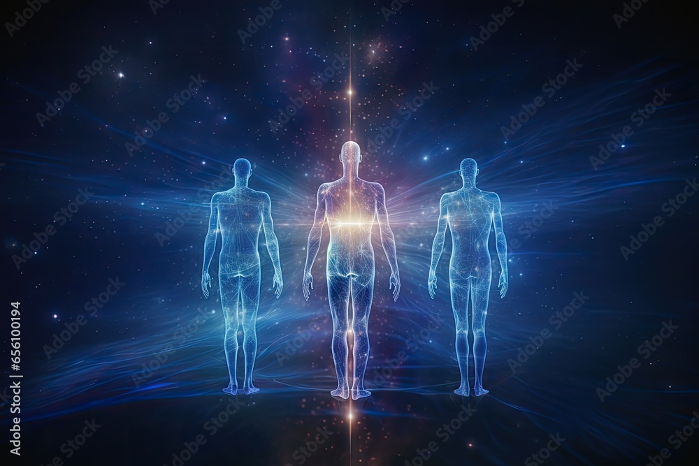 Three silhouettes of human astral bodies, concept image for near death experience, spirituality, and meditation - AI Generated - obrazy, fototapety, plakaty 