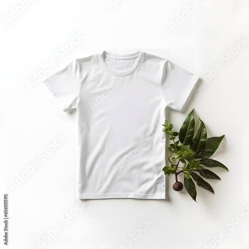 white t shirt mockup with green leaf isolated on white background