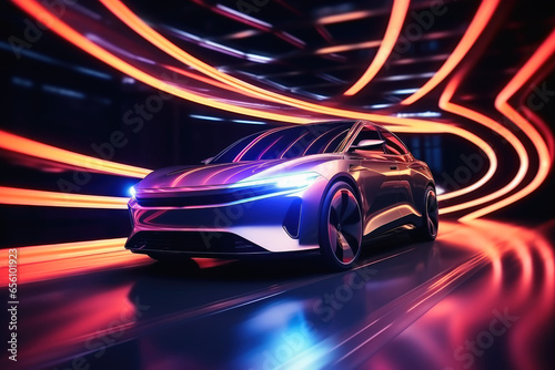 Modern electric car concept with neon lights in a tunnel.