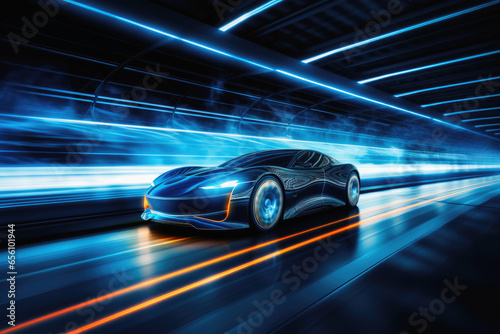 Modern electric car concept with neon lights in a tunnel.