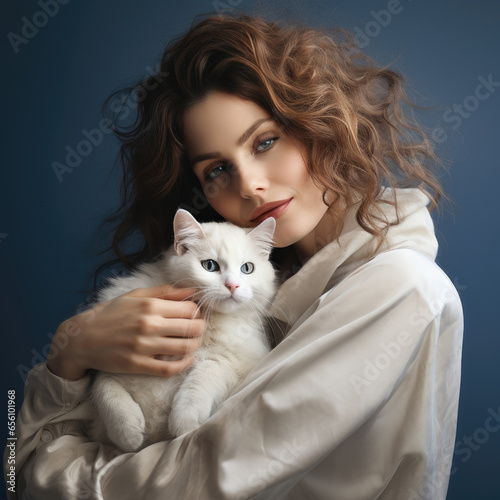 Sensual woman holds white cat in her arms, hugging