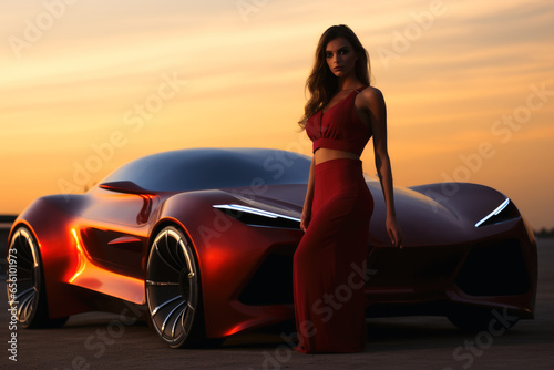 A futuristic sportscar presented by a hot lady.