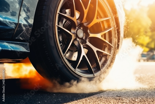 A wheel of a sports car spinning fast and producing smoke.