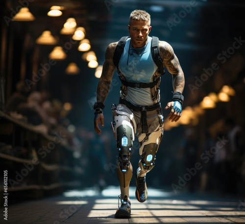 Strong soldier of futuristic army, man with cyber prosthetic legs runs on background of industrial building, warehouse. Front view