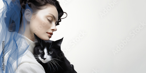 Young sensual brunette woman with closed eyes holds black white cat in her arms. Side view. Isolated on white background