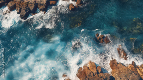 Aerial top view of rocks in sea, blue waves crashing on ocean islands
