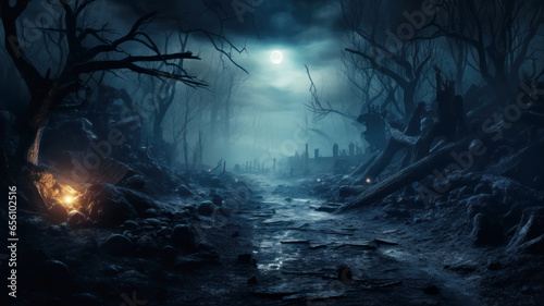 Creepy dark forest at night, scary black fallen trees and country road © scaliger
