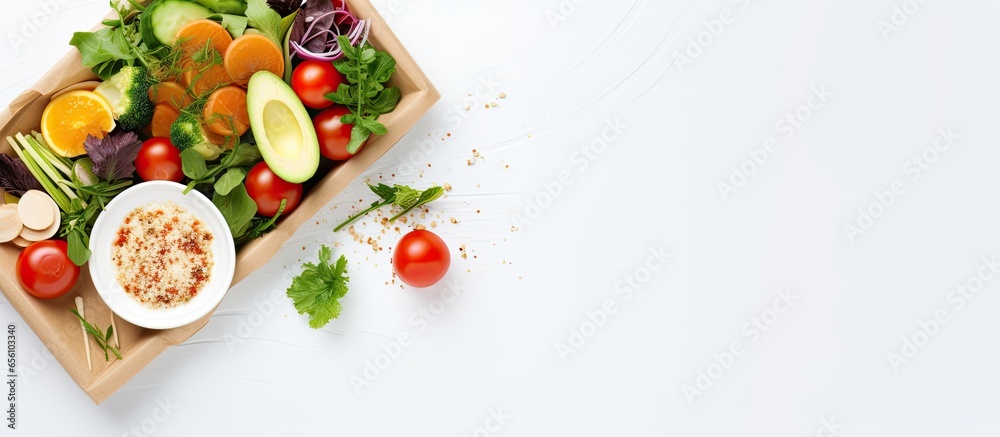 Food delivery with nutrition program on white background for your text