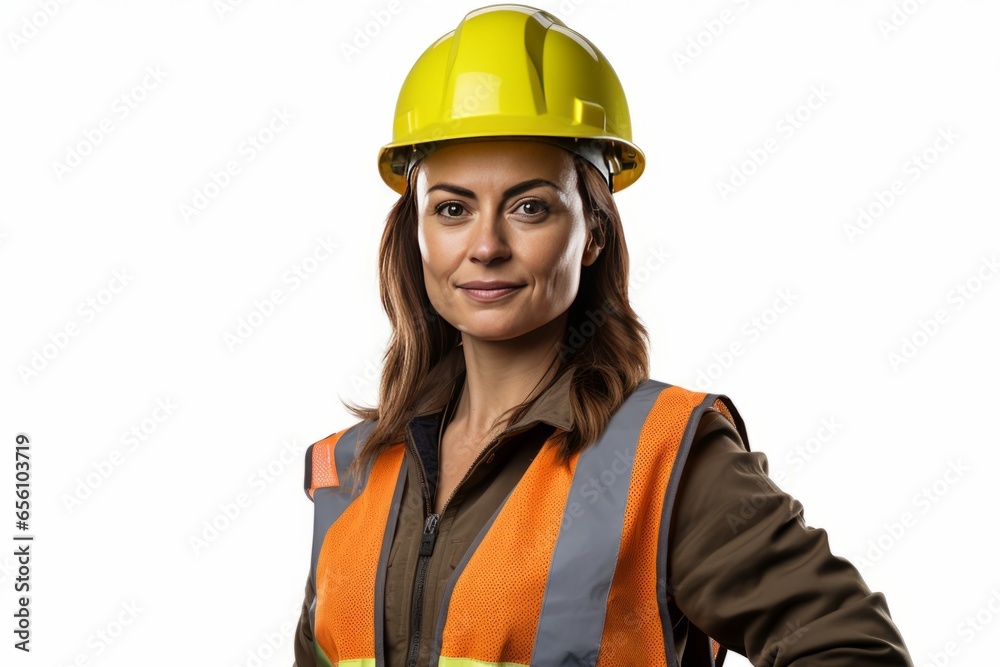 Employees at a temporary employment agency in professional work clothes wearing a safety vest and helmet Generative Ai Employees at a temporary employment agency in professional work clothes wearing a safety vest and helmet Generative Ai