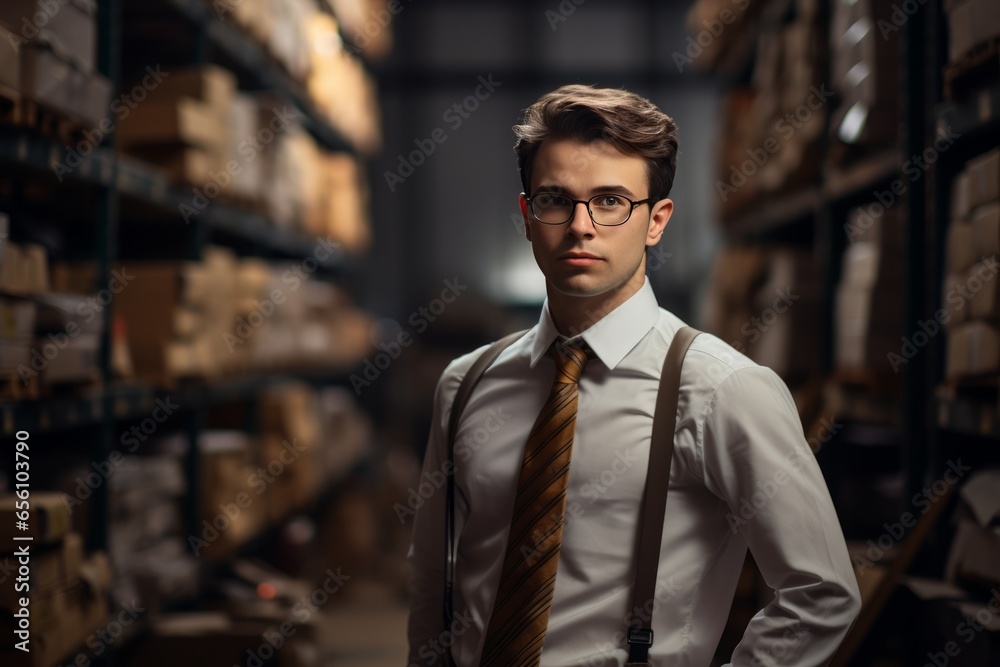 Businessman in his company's high-bay warehouse Generative Ai Businessman in his company's high-bay warehouse Generative Ai