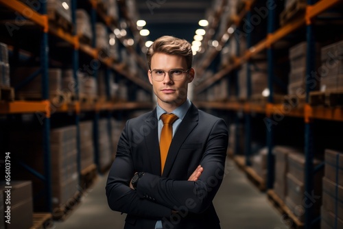 Businessman in his company's high-bay warehouse Generative Ai