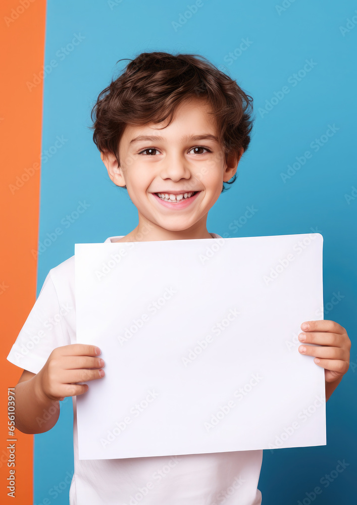 Generative AI, small child, toddler holding a white blank sign in his hands for text, image or advertising, mockup, smiling kid on a colored background with an object, products for children, boy, sale Generative AI, small child, toddler holding a white blank sign in his hands for text, image or advertising, mockup, smiling kid on a colored background with an object, products for children, boy, sale