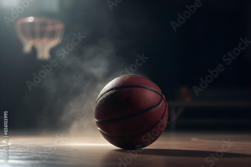 Basketball ball on a wooden floor in a dark room with foggy smoke. 3D sketch design and illustration © Canities
