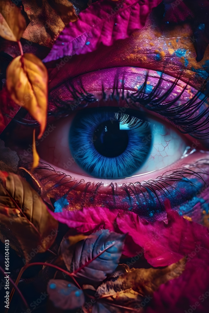 Beautiful eye with colorful autumn leaves. Close up. Halloween, cosmetic makeup concept