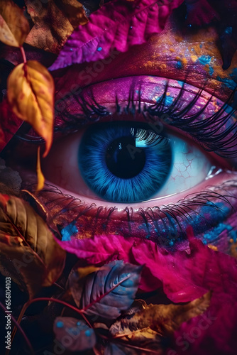 Beautiful eye with colorful autumn leaves. Close up. Halloween, cosmetic makeup concept © Canities