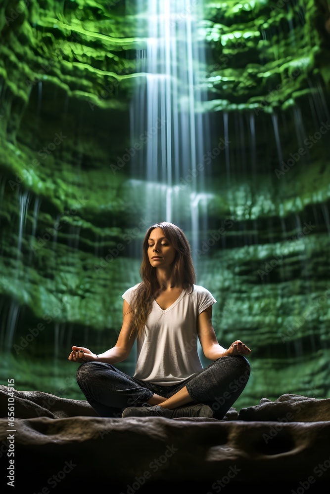Woman sitting in lotus position, yoga in nature, meditation, fantasy, relaxation