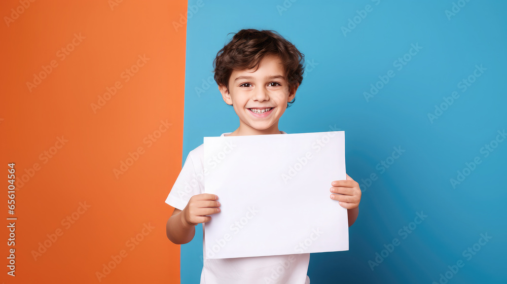 Generative AI, small child, toddler holding a white blank sign in his hands for text, image or advertising, mockup, smiling kid on a colored background with an object, products for children, boy, sale Generative AI, small child, toddler holding a white blank sign in his hands for text, image or advertising, mockup, smiling kid on a colored background with an object, products for children, boy, sale