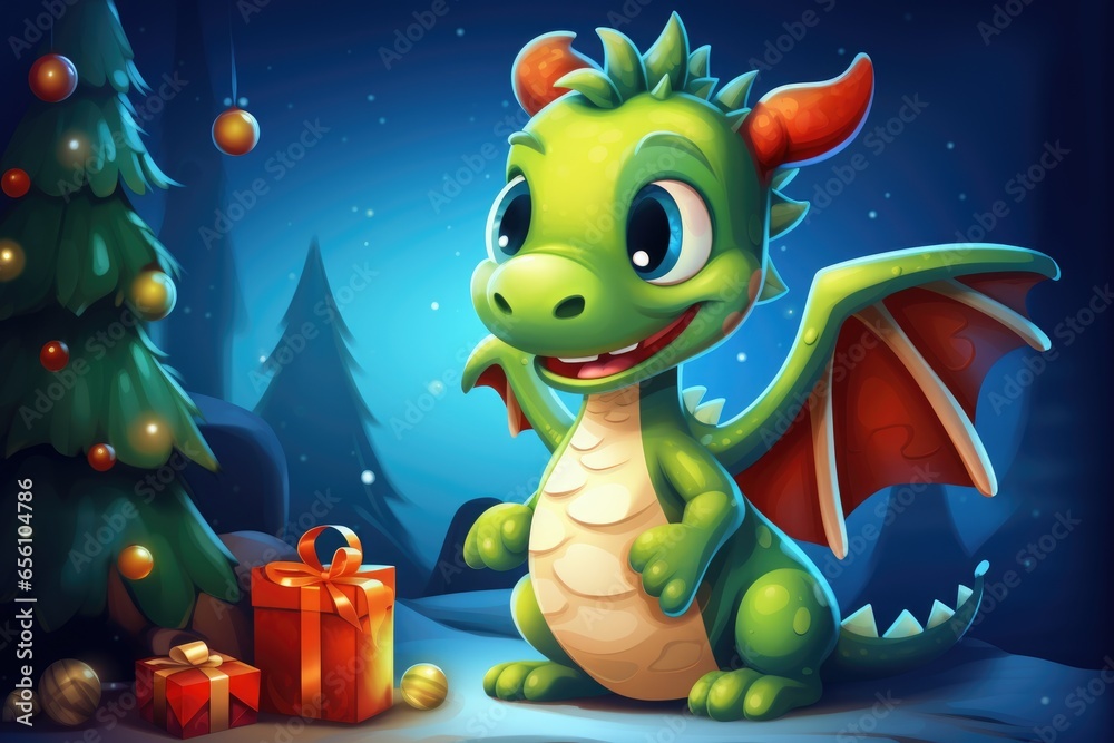 Naklejka premium 2d illustration of a happy cute baby dragon near a Christmas tree with gifts. year of the dragon