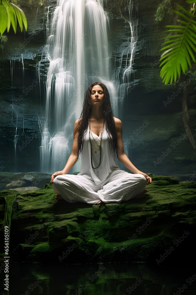 Woman sitting in lotus position, yoga in nature, meditation, fantasy, relaxation Woman sitting in lotus position, yoga in nature, meditation, fantasy, relaxation