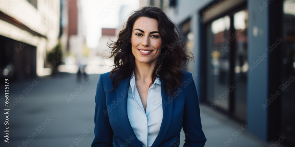 happy and smiling young woman, on the street, professional, corporate, business - obrazy, fototapety, plakaty 