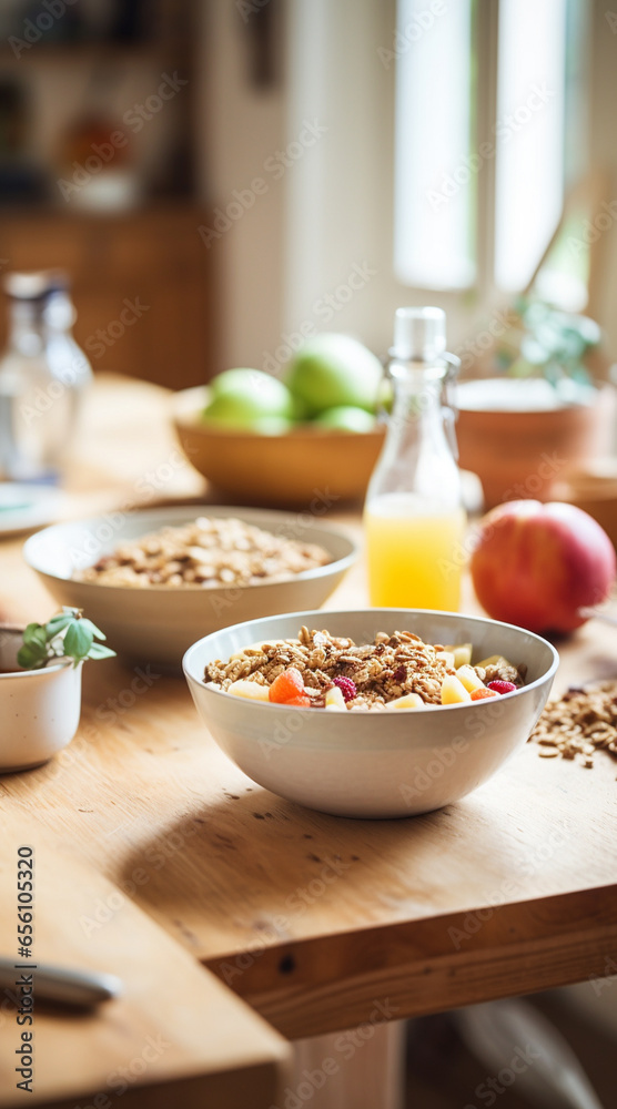 Close up photograph of healthy breakfast cereal, in the background is a family kitchen with wood surfaces Close up photograph of healthy breakfast cereal, in the background is a family kitchen with wood surfaces