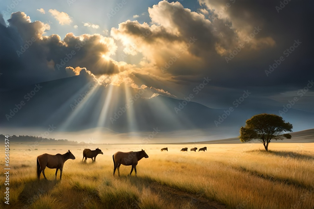 A serene grassland ecosystem with grazing animals and a wide-open sky.
