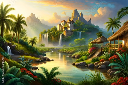 A lush tropical rainforest teeming with exotic flora and fauna.
