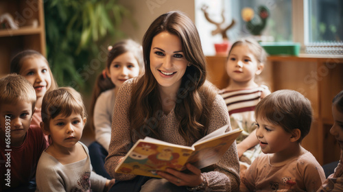 Generative AI, young beautiful woman kindergarten teacher reading a book to children, nanny, day care group, child, toddler, kids, primary school, children's room, Montessori, Reggio, pedagogy
