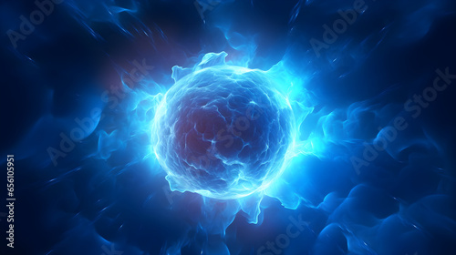 Blue electric sphere plasma ball lightning abstract background, with lightning in the dark. 3D rendering. photo