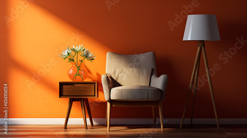 Contemporary interior design background. nterior of living room with orange houseplants and sofa. Scandinavian living room..