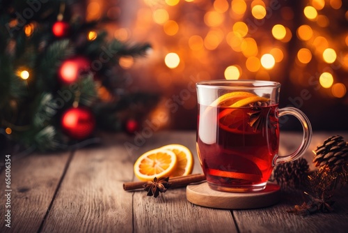 Christmas mulled red wine with spices and fruits on a wooden table against a background of Christmas lights. Traditional hot drink at Christmas