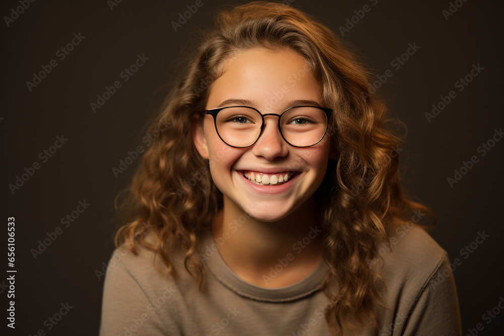 smiling teenage girl with glasses in studio on brown background smiling teenage girl with glasses in studio on brown background