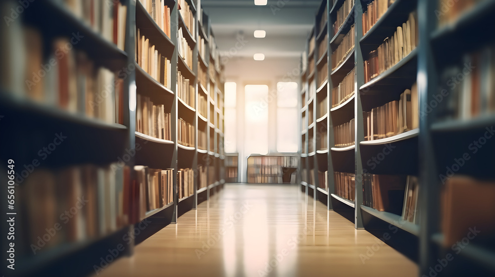 Blurred library interior space with bookshelves, shallow depth of field, Learning and education concept