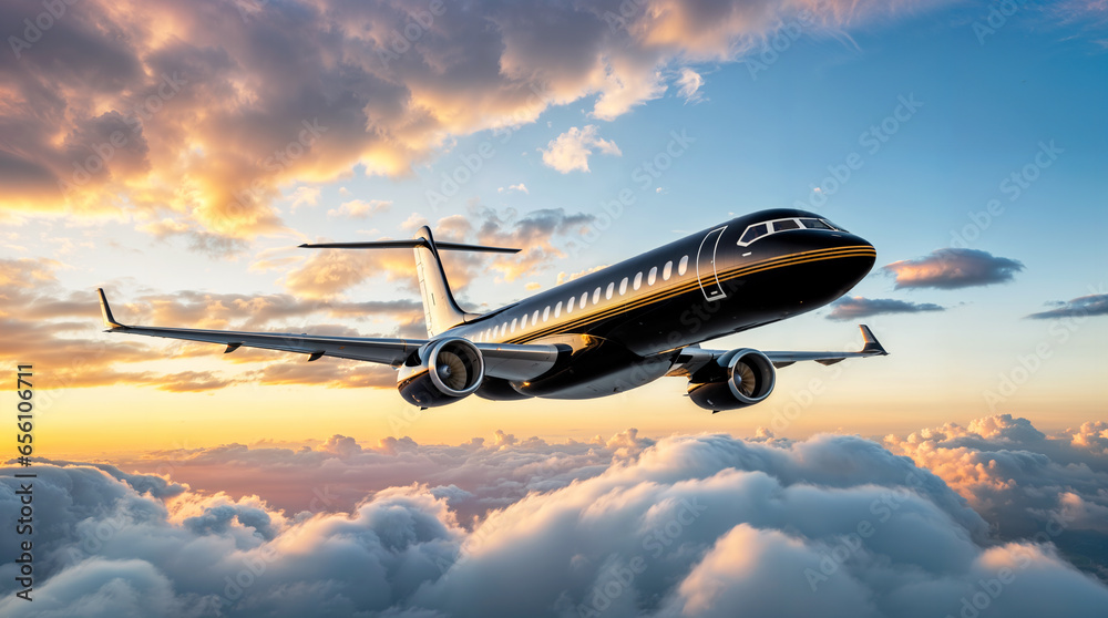 Airplane flying with a beautiful sky and clouds, sunset background, private jet and travel concept
