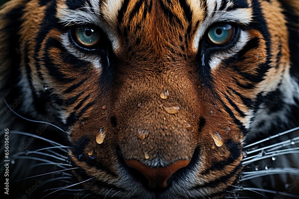 The fierce beauty of a tiger captured in a close-up portrait, with its powerful gaze and majestic presence, exemplifying the wild and endangered big cat - obrazy, fototapety, plakaty 