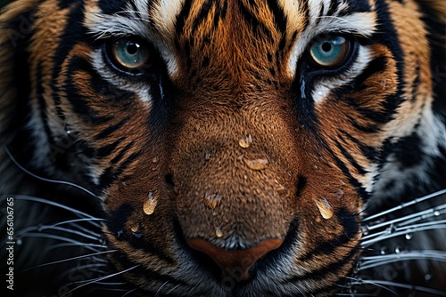 The fierce beauty of a tiger captured in a close-up portrait, with its powerful gaze and majestic presence, exemplifying the wild and endangered big cat photo