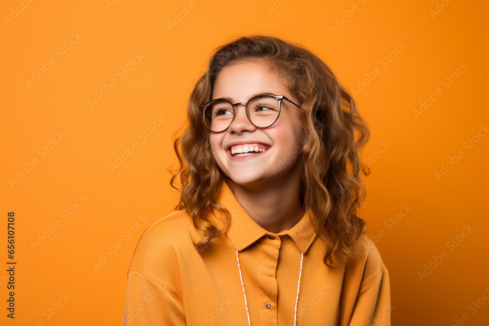 smiling teenage girl with glasses in studio on orange light background smiling teenage girl with glasses in studio on orange light background
